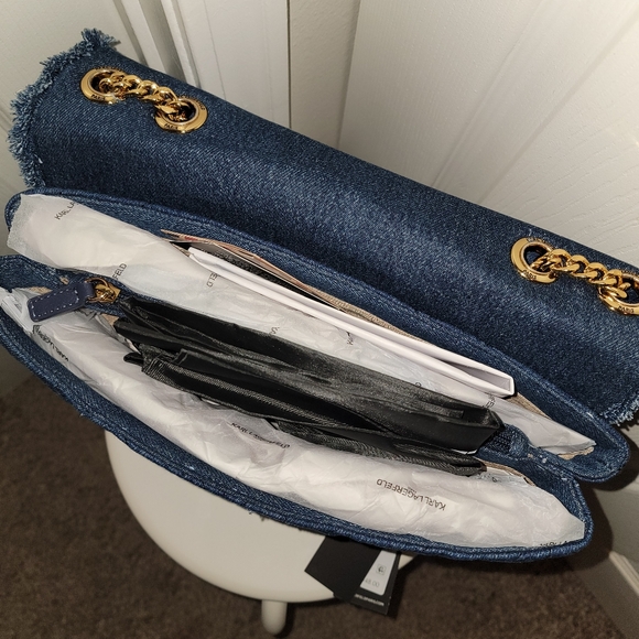 Karl Lagerfeld NWT Denim Blue and Gold Quilted Shoulder Bag - Picture 8 of 10